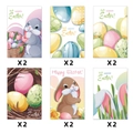 Set of 12 Happy Easter greeting cards featuring 6 cute rabbit and floral egg designs - 12 Pcs Set (G-00130-1)