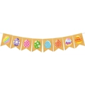 Easter burlap banner featuring eight colorful egg patterns on swallowtail flags with white rope - Easter Egg Banner (Y-00636-3)