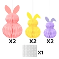 Decorazioni a nido d'ape a forma di coniglio pasquale in rosa, giallo e viola con adesivi - Combinazione di conigli rosa giallo e viola