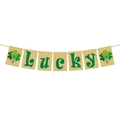 Striscione Lucky di San Patrizio in juta con quadrifogli verdi per decorazioni irlandesi - Banner in Sacco con Lettera Lucky (J-0568-1)