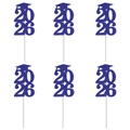 Set of 6 blue glitter 2026 graduation cake toppers with doctor cap design on sticks - Blue
