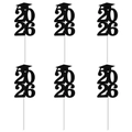 Set of 6 black glitter 2026 graduation cupcake toppers with mortarboard silhouette - Black
