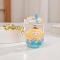 Portachiavi cartone animato con paillettes blu e pecora gialla in una tazza di tè - Catena Oro Chiaro + Bottiglia Riempita d'Olio / Blu