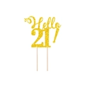 Glitzernder Hello 21 Tortenaufsatz in Gold für 21. Geburtstage und Tortendekoration - Hello 21! / Gold