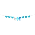 Blue glittery heart and BOY letter banner for baby shower party decorations - BOY with 6 Hearts