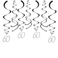 Black spiral party hanging swirls with silver glitter number 60 pendants for anniversaries - 60th Style / Glitter Silver