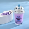 Detailed view of creative purple bubble tea cup keychain with cute cat milk cap design - Basic Plastic Buckle Style / Purple