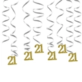 Sparkling gold 21st birthday hanging swirls with silver PVC spirals for party decor - 21st Style / Glitter Gold