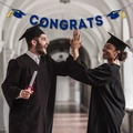 Blue glitter Congrats banner with graduation caps for 2026 party background decorations - Blue CONGRATS