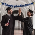 Blue glittery Happy Graduation banner with mortarboard accents for party decor - Blue happy graduation