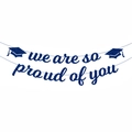 Blue glitter We Are So Proud of You graduation banner with mortarboard accents - Blue we are so proud of you