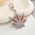 Portachiavi foglia di cannabis argento con strass bianchi e smalto rosso vivace - Portachiavi + Pendente / Rosso Acero