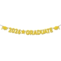 Gold glitter 2026 Graduate banner with academic cap and star motifs for party decor - Gold 2026 GRADUATE