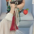 Handmade pearl mobile phone charm with red tassel and green woven cord accessory - Full Set (Silver Ring + Tassel + Pearl Chain + Phone Patch) / Burgundy