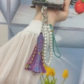 Handmade phone strap with white pearls, purple tassel and green braided rope on phone - Full Set (Silver Ring + Tassel + Pearl Chain + Phone Patch) / Purple