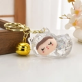 Cat shaped resin keychain with silver glitter, golden bell and sleeping girl face - Light Gold Buckle + Cute Cat + Bell / Sparkling White
