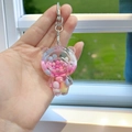 Cute bear acrylic quicksand keychain with pastel beads and silver metal lobster clasp - Pink Bear