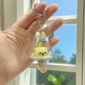 Cute yellow cartoon cat keychain with small orange bird and silver heart pendant - Lemon Yellow