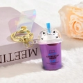 Cute purple cat bubble tea keychain with white cat doll and colorful strap - Iridescent PVC Strap Style / Purple