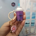 Purple cat milk tea cup keychain with pink daisy pendant and golden lobster clasp - Little Daisy Charm Style / Purple