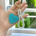 Teal rhinestone heart keychain with white pearl chain and golden hardware accessory - Pearl Chain Heart Pendant (With Phone Patch) / Sky Blue