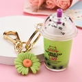 Creative bubble tea cat keychain with green daisy charm and liquid glitter sand bottle - Little Daisy Charm Style / Green