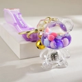 Purple glowing bear keychain with liquid glitter, gold bell and Sweet Heart strap - Glowing Bear Style / Purple