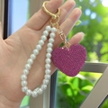 Rose red rhinestone heart keychain with white pearl beads and golden lobster clasp - Pearl Chain Heart Pendant (With Phone Patch) / Purple Fuchsia