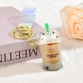 Cute white cat pearl milk tea keychain with iridescent strap and gold keyring - Iridescent PVC Strap Style / Brown