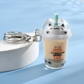 Cute white cat milk cap bubble tea keychain with liquid and pearls in blue scenery - Metal Figure-8 Hook Style / Brown