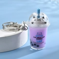 Purple lilac cat milk cap bubble tea keychain with cute white kitten and black pearls - Metal Figure-8 Hook Style / Purple
