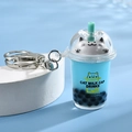 Sky blue cat milk tea cup keychain with liquid glitter and silver metal buckle - Metal Figure-8 Hook Style / Blue