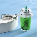 Cute green milk tea cat keychain with flowing sand and silver metal ring - Metal Figure-8 Hook Style / Green