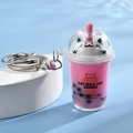 Pink cat pearl milk tea keychain charm with white kitten inside a mini boba cup - Metal Figure-8 Hook Style / Pink