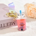 Pink cat bubble tea keychain with sparkling laser strap and golden metal clasp - Iridescent PVC Strap Style / Pink