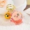 Cute pink liquid quicksand keychain with cartoon character, gold ring and bell on plush - Light Gold Clasp+Bell+Eggy(654856) / Sparkling Pink