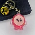 Detailed view of Chiikawa-style pink resin keychain with liquid glitter and golden bell - Light Gold Clasp+Bell+Eggy(654856) / Luminous Red