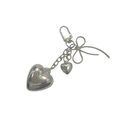 Silver metal keychain with large heart pendant and wire bow charm on white background - Silver Bow Double Heart