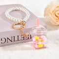 Llavero de pulsera de perlas con colgante de taza de té con leche y arena movediza - Llavero + Taza de Té de Leche Pequeña / Rosa