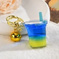 Creative milk tea cup acrylic keychain with liquid quicksand and golden bell on white fur - Light Gold Buckle + Bell + Oil-filled Milk Tea Cup / Blue