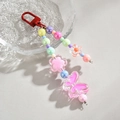 Colorful handmade beaded phone charm with acrylic butterfly and flower pendant strap - D-Buckle + Bead Chain / Rose Red