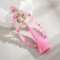 Handmade pink beaded peach keychain with long tassel and cute white cat pendant charm - Pink