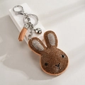 Brown rhinestone rabbit head keychain with a leather tassel and silver metal keyring - Silver Chain + Rabbit Tassel / Gold