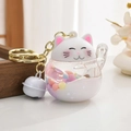 Portachiavi gatto della fortuna bianco con perle colorate galleggianti in una sfera - Coniglio Gatto Bianco della Fortuna