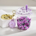 Grape themed beverage keychain with purple glitters, acrylic liquid sand charm with gold ring - Grape Purple Ice Cup