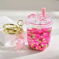 Pink strawberry unicorn liquid keychain charm with glitter ball and golden clip - Strawberry Pink Ice Cup