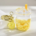 Creative yellow lemon tea cup keychain with liquid oil and floating ice cube charms - Orange Yellow Ice Cup