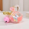 Pink translucent acrylic rabbit keychain with colorful beads and a golden metal bell - Pink Rabbit Head