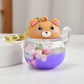 Brown bear liquid quicksand keychain with purple glitter oil and colorful beads - Purple Lucky Bear