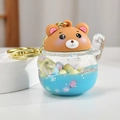 Brown bear liquid quicksand keychain with blue fluid and colorful beads - Blue Lucky Bear